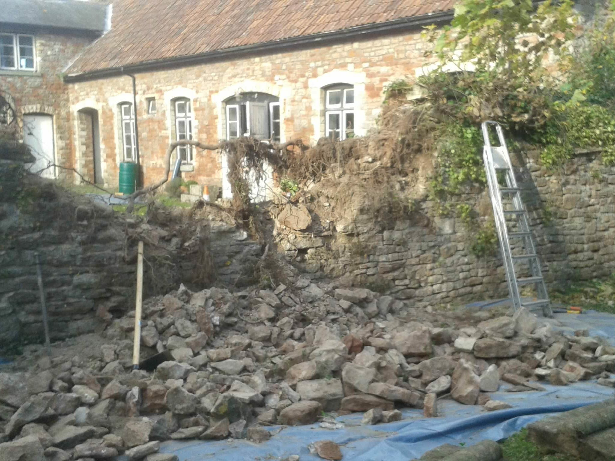 Chew Valley: Harptree Court; collapsing wall demolished for rebuild...
